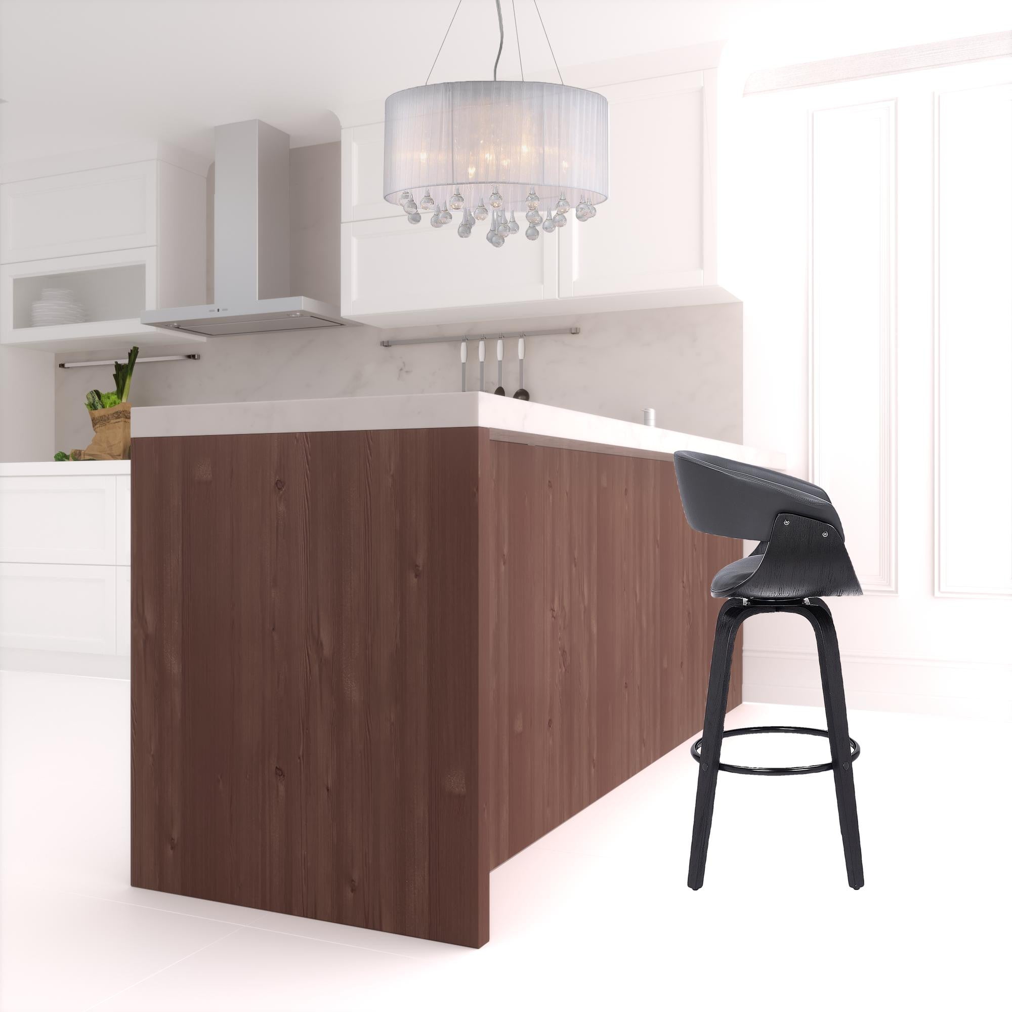 37" Gray And Black Faux Leather And Wood Swivel Low Back Counter Height Bar Chair With Footrest