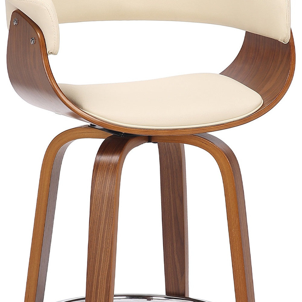 41" Cream And Brown Faux Leather Solid Wood Swivel Low Back Bar Height Chair With Footrest