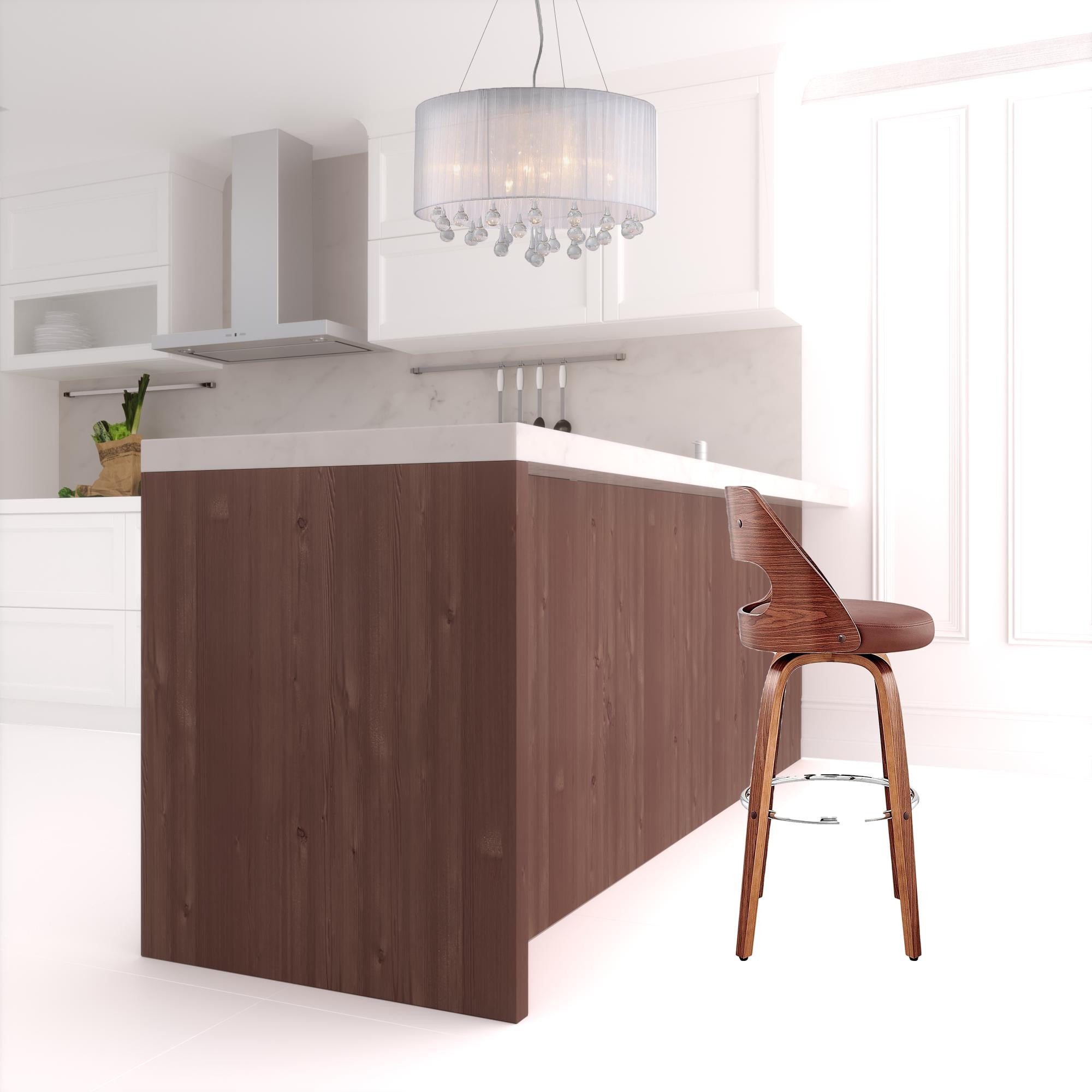 37" Brown Faux Leather And Manufactured Wood Swivel Counter Height Bar Chair