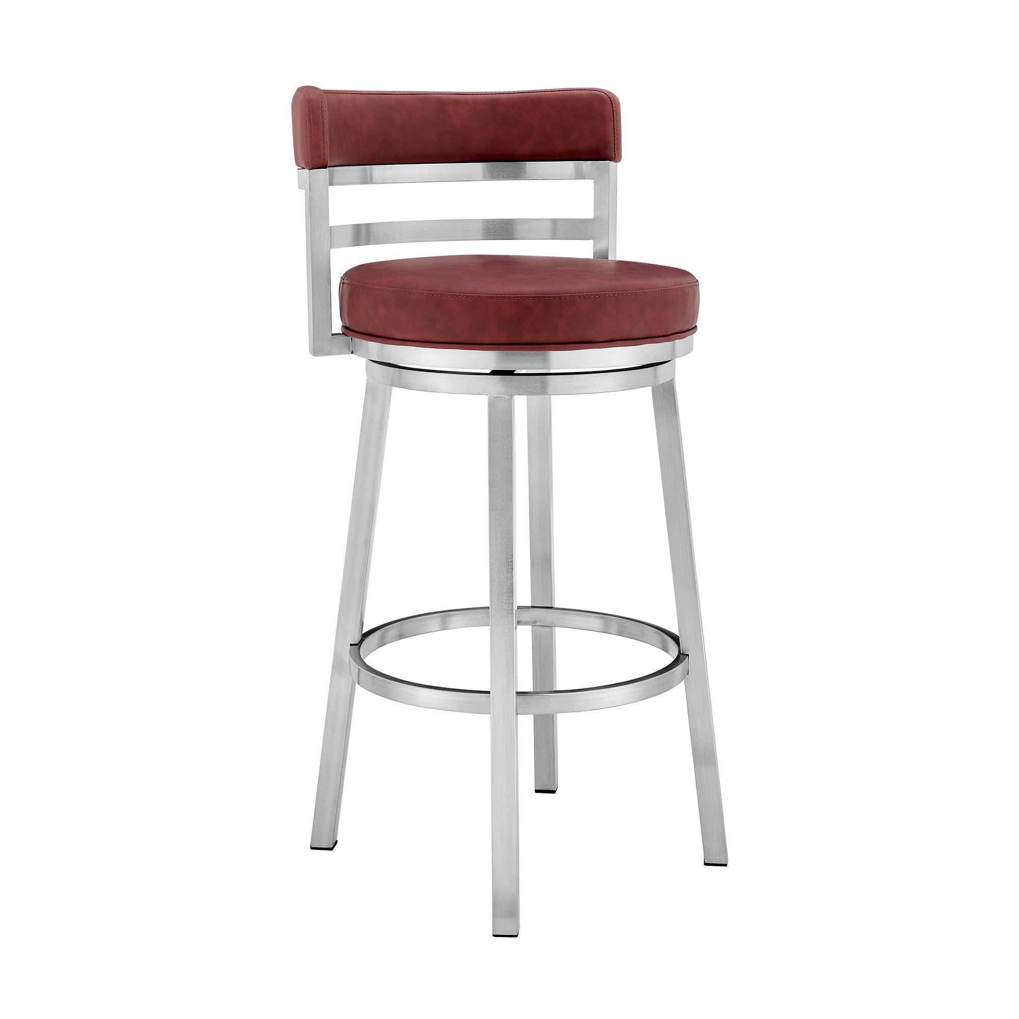 36" Red And Silver Faux Leather And Iron Swivel Low Back Counter Height Bar Chair With Footrest