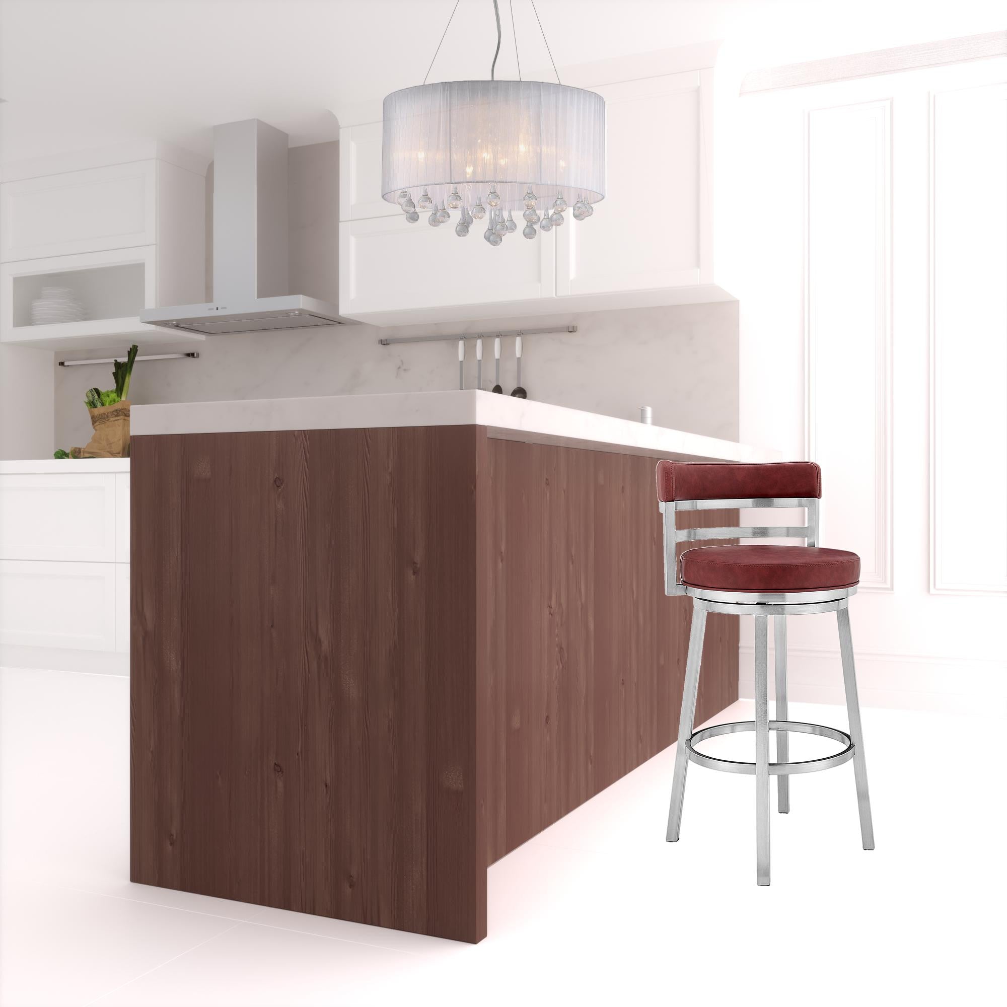 36" Red And Silver Faux Leather And Iron Swivel Low Back Counter Height Bar Chair With Footrest