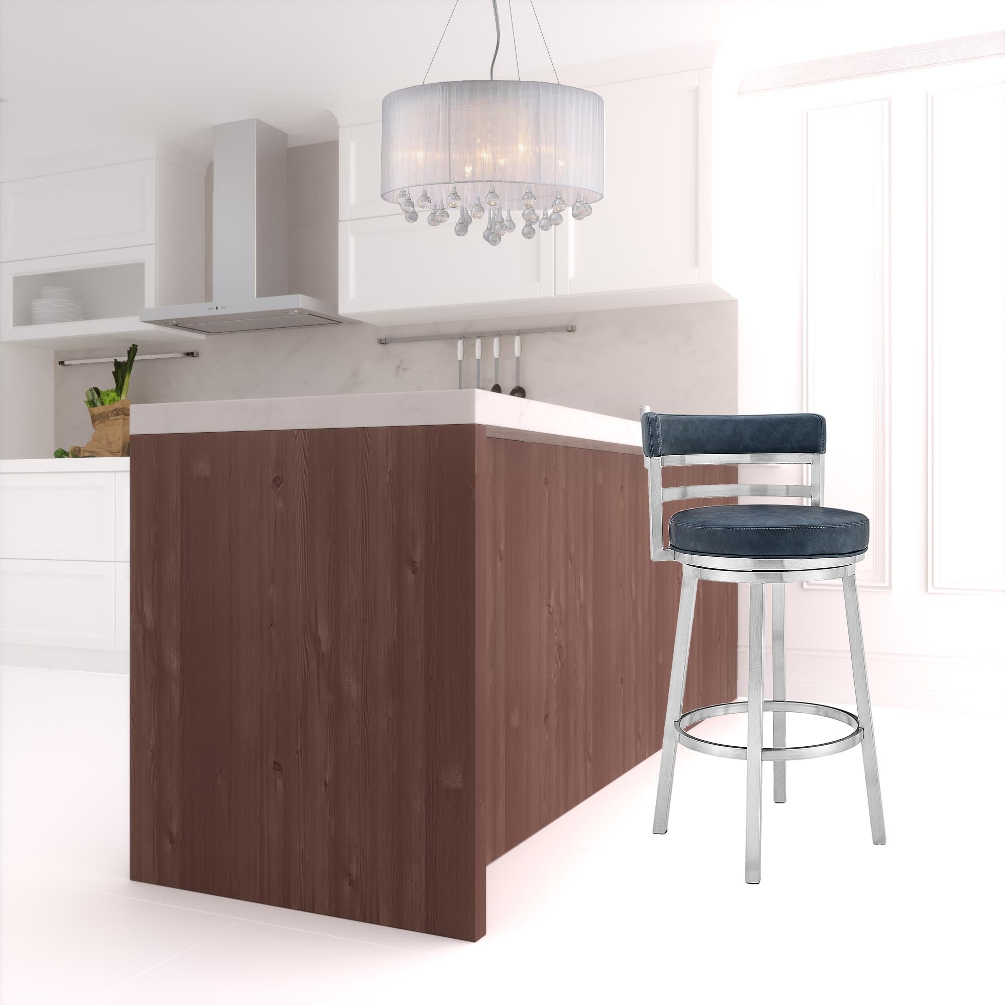 40" Blue Faux Leather And Iron Swivel Low Back Bar Height Chair