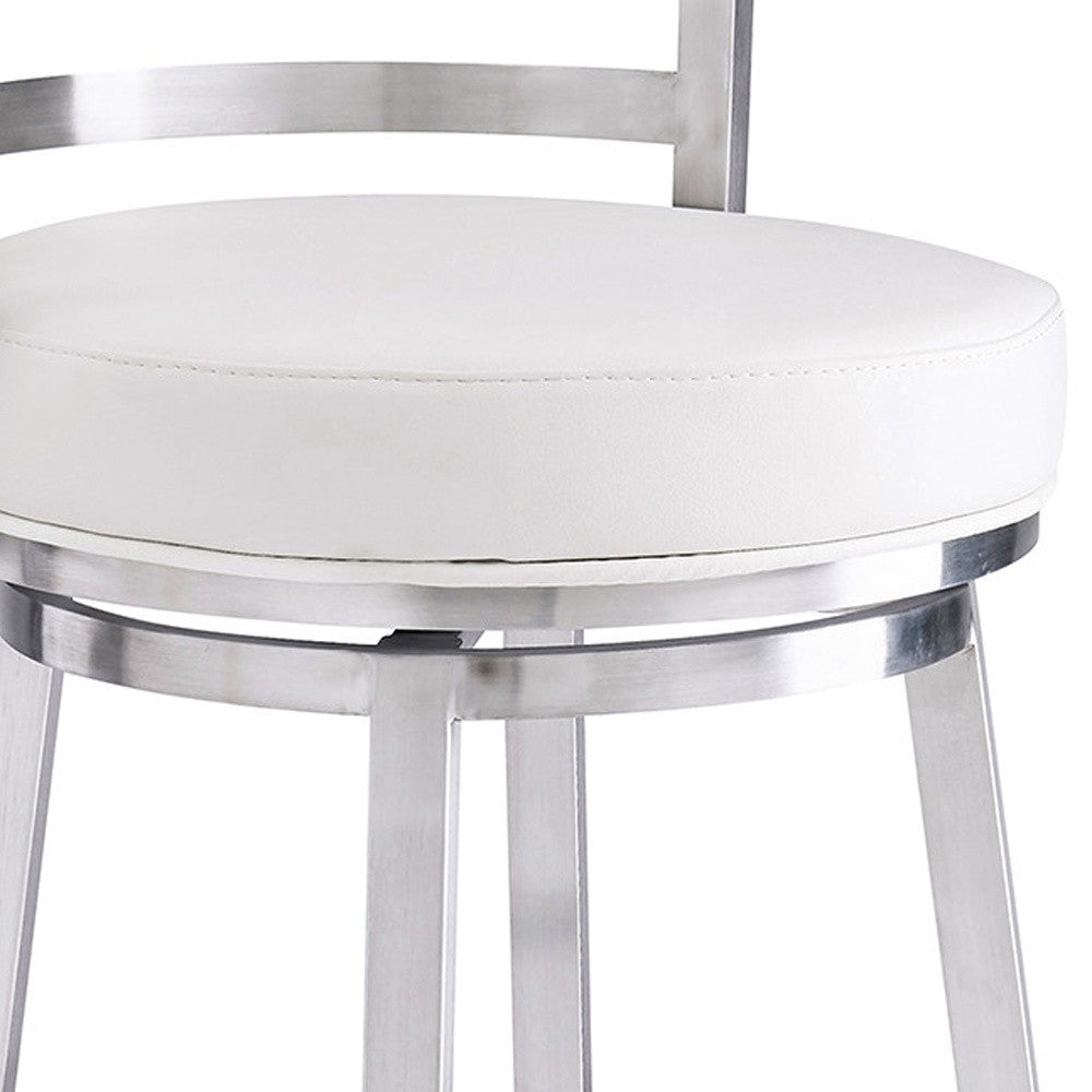 White And Silver Faux Leather And Iron Swivel Low Back Counter Height Bar Chair With Footrest 35"