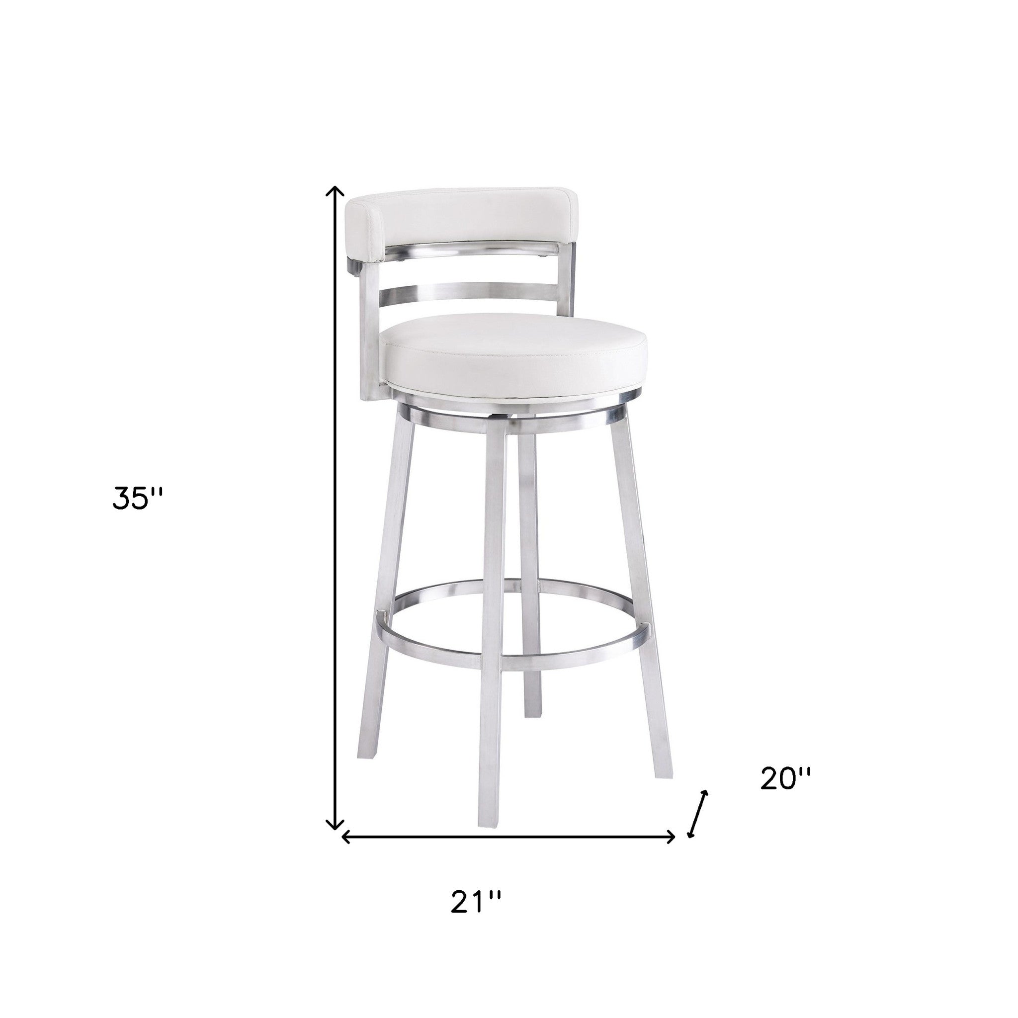 White And Silver Faux Leather And Iron Swivel Low Back Counter Height Bar Chair With Footrest 35"
