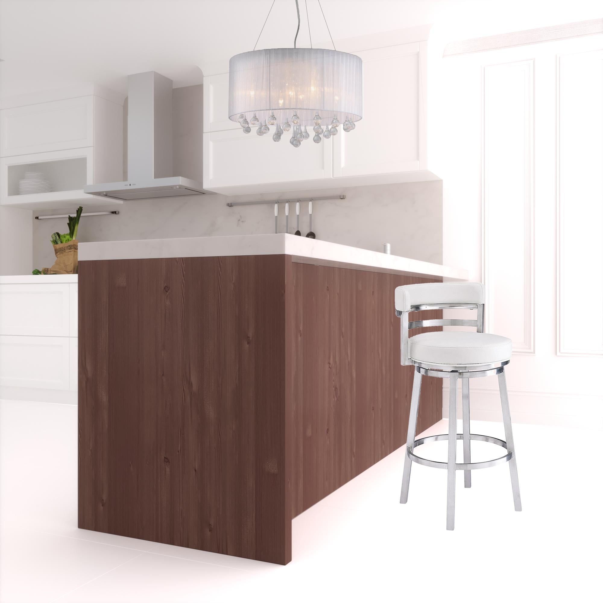 White And Silver Faux Leather And Iron Swivel Low Back Counter Height Bar Chair With Footrest 35"