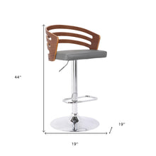 Gray Faux Leather Walnut Wood and Chrome Adjustable Swivel Bar Stool