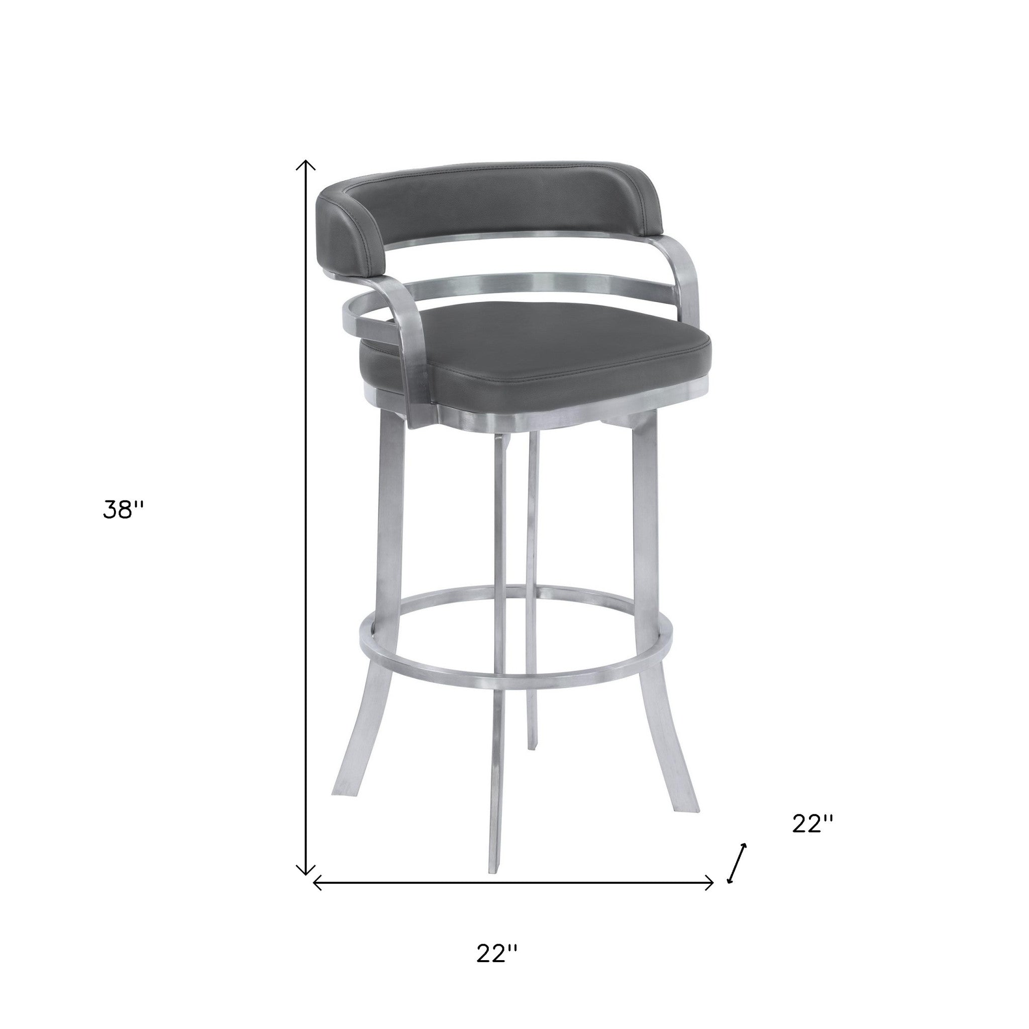 38" Gray Brushed Stainless Steel Bar Height Swivel Full Back Bar Chair