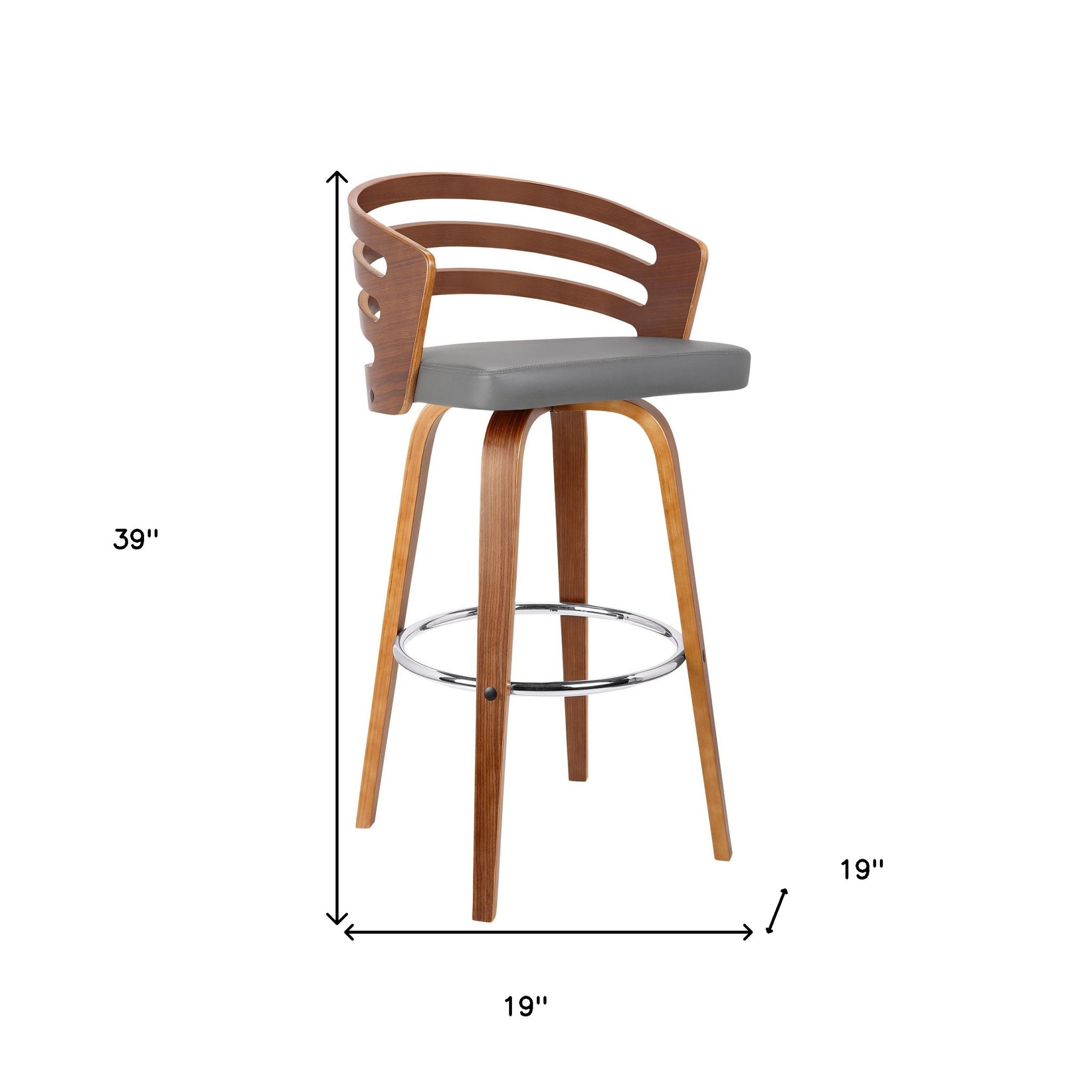 30” Gray Modern Faux Leather & Walnut Wood Swivel Bar Stool