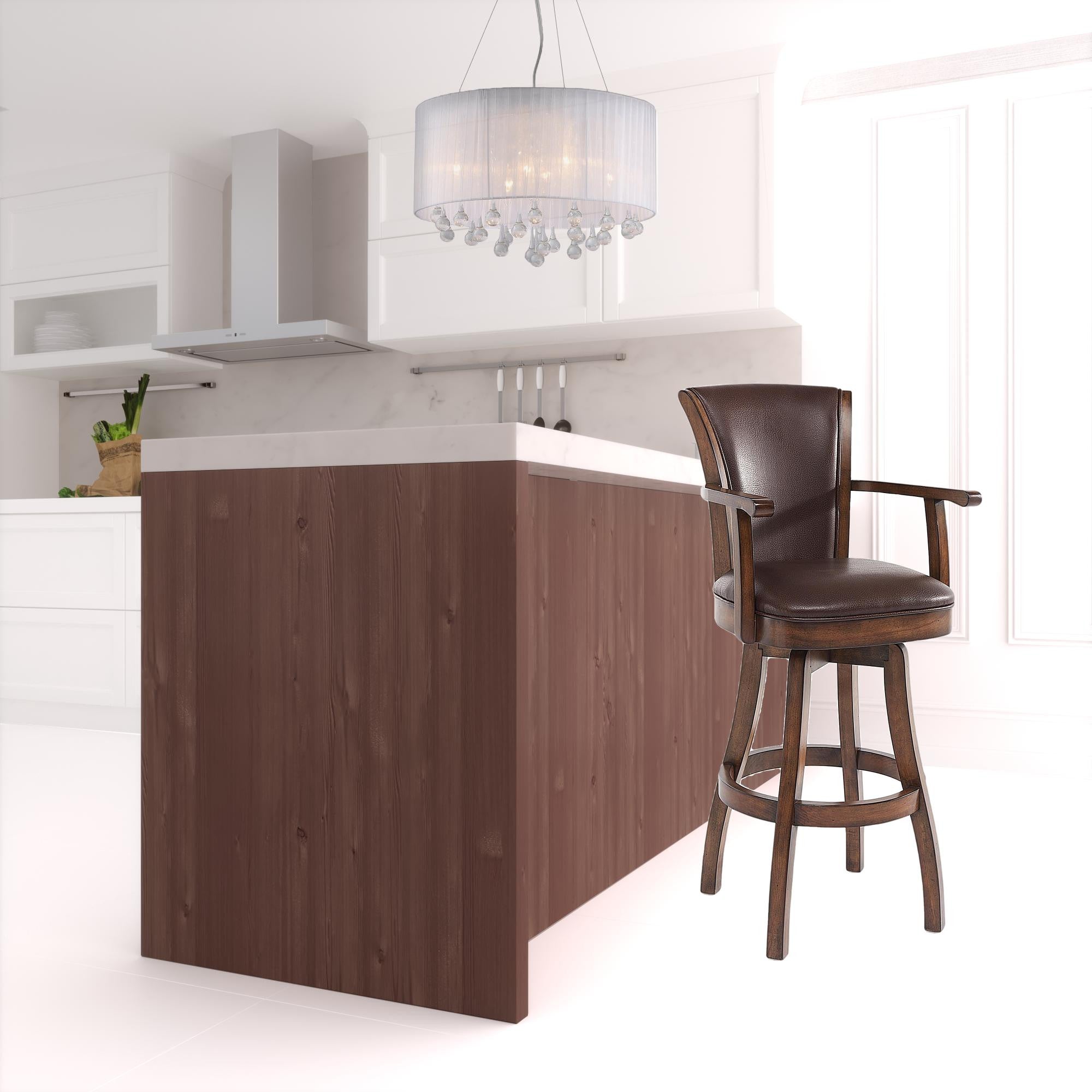 45" Warm Brown Faux Leather And Solid Wood Swivel Bar Height Chair