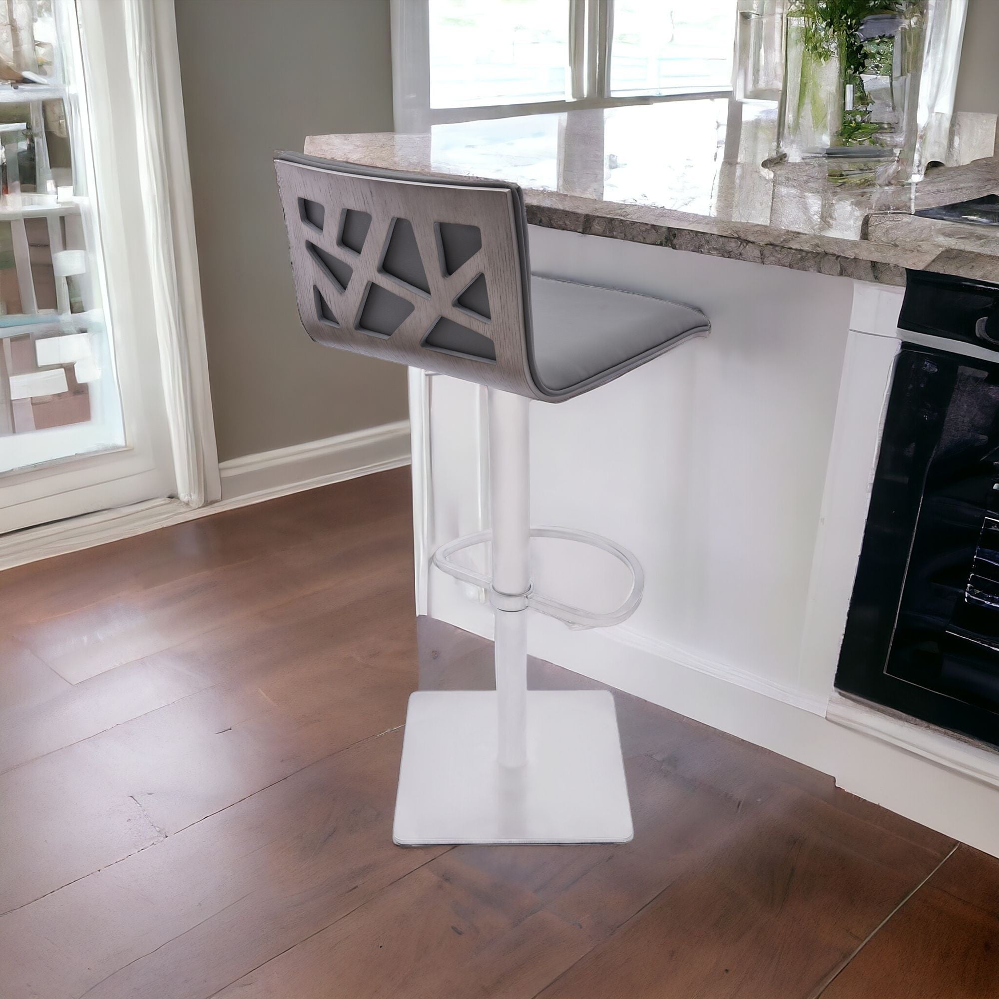 Adjustable Grey Faux Leather Walnut and Stainless Swivel Bar Stool