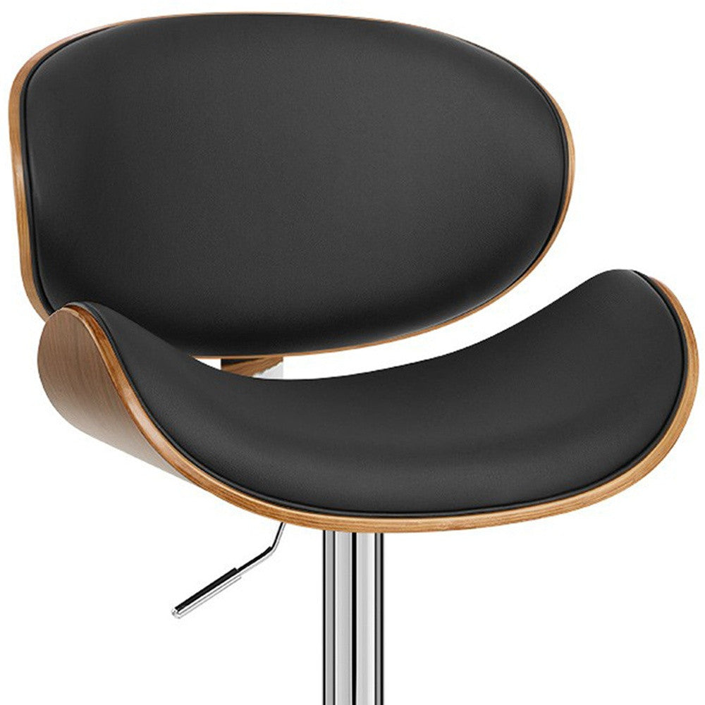 45" Black And Silver Faux Leather And Solid Wood Swivel Low Back Adjustable Height Bar Chair With Footrest