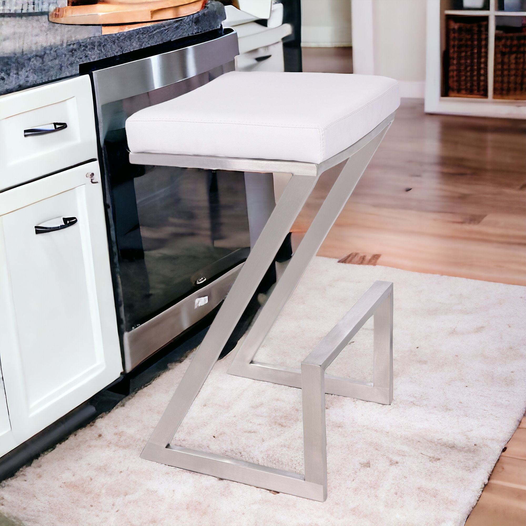 Contempo White Faux Leather and Stainless Backless Bar Stool 26"