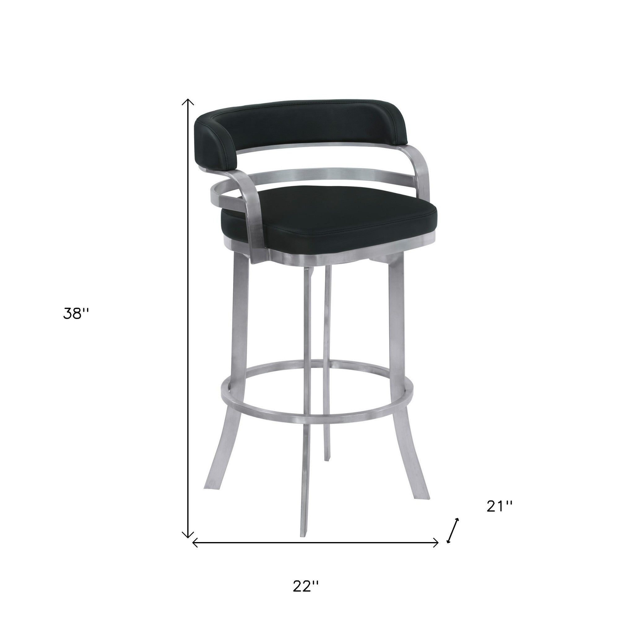 38" Black And Silver Faux Leather And Iron Swivel Low Back Bar Height Chair With Footrest