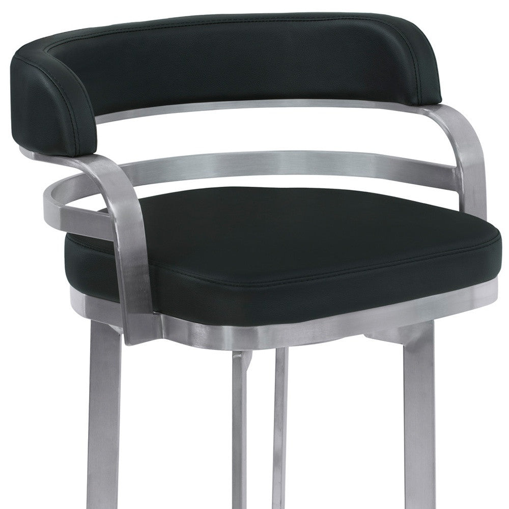 38" Black And Silver Faux Leather And Iron Swivel Low Back Bar Height Chair With Footrest