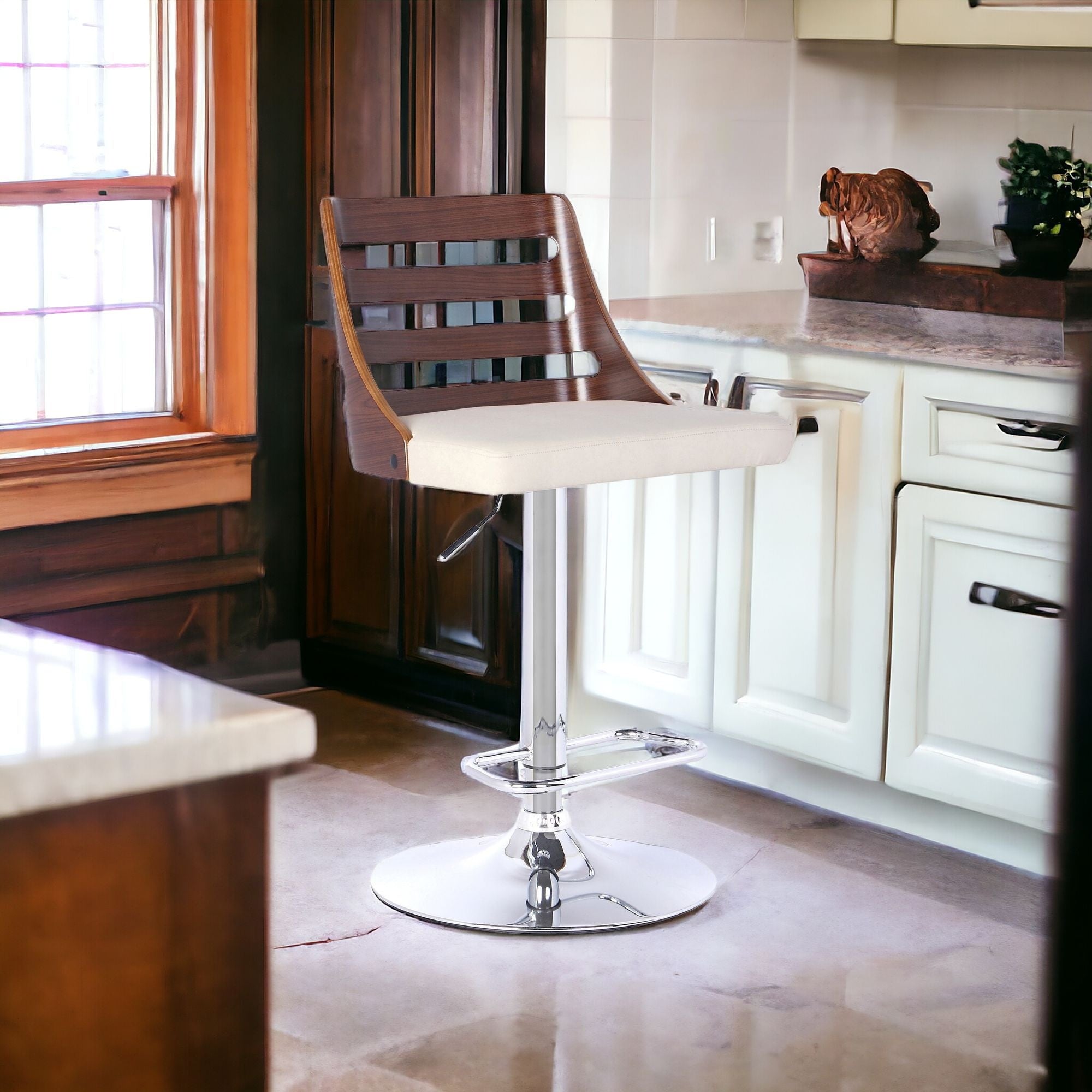 43" Cream Faux Leather And Iron Adjustable Height Bar Chair