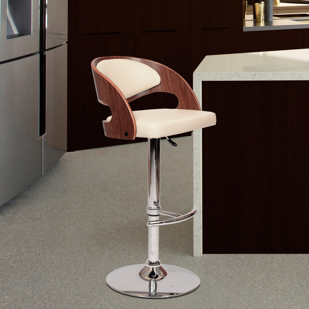 43" Cream And Brown Faux Leather And Solid Wood Swivel Low Back Adjustable Height Bar Chair With Footrest