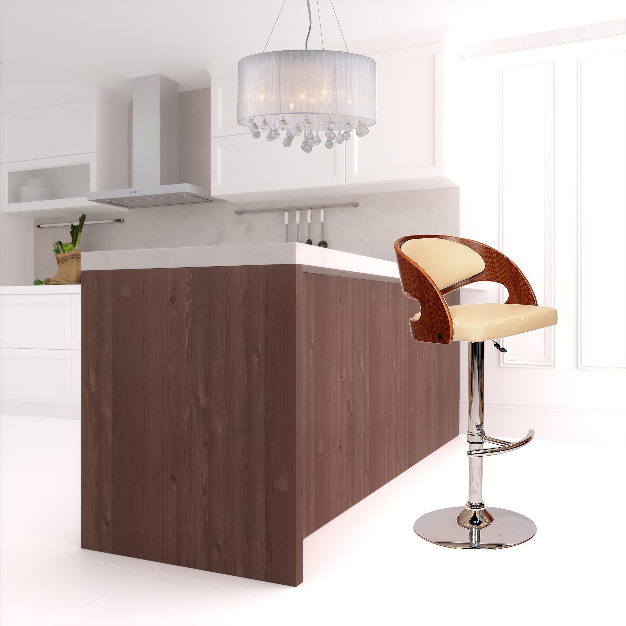 43" Cream And Brown Faux Leather And Solid Wood Swivel Low Back Adjustable Height Bar Chair With Footrest