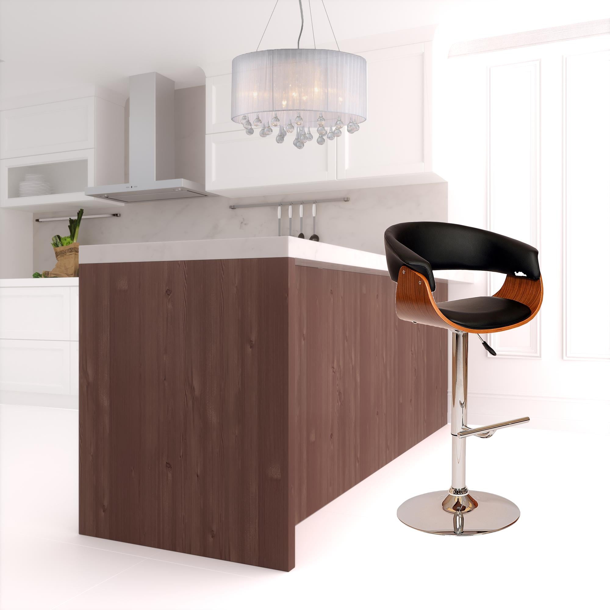 44" Black And Brown Faux Leather And Solid Wood Swivel Low Back Adjustable Height Bar Chair With Footrest