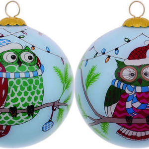 Whimsical Owl Hand Painted Mouth Blown Glass Ornament