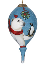 Snowy Polar Bear and Penguin Hand Painted Mouth Blown Glass Ornament