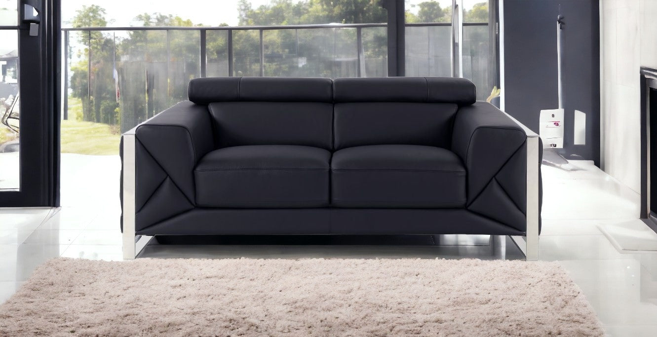 Black Italian Leather and Chrome Solid Color Love Seat 75"