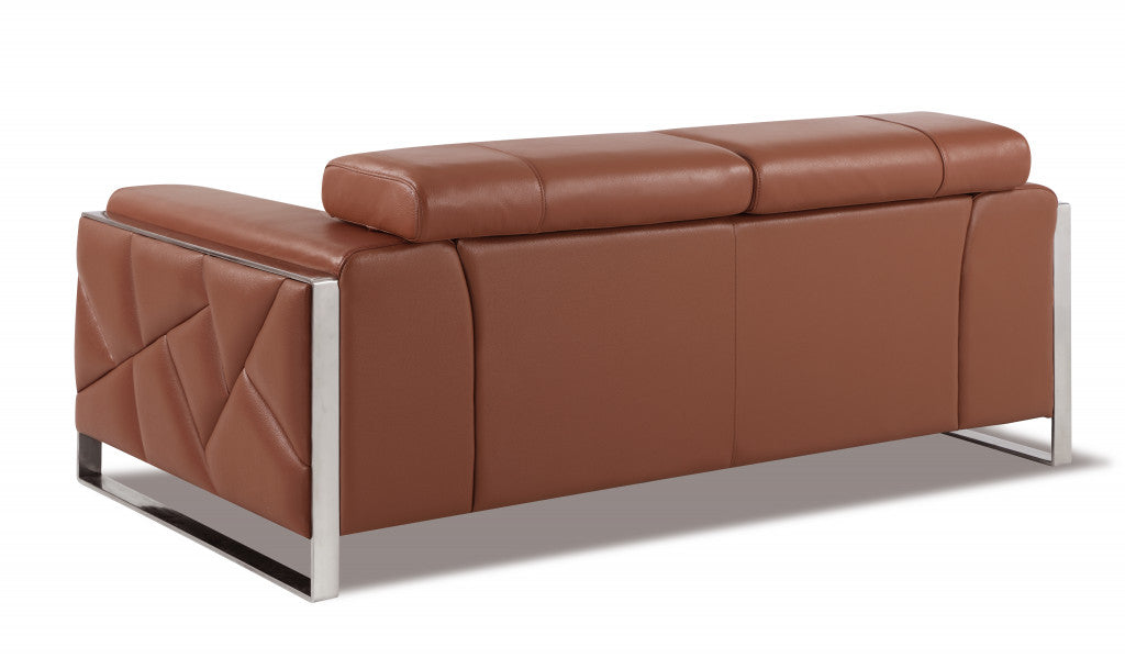 Camel Brown Italian Leather and Chrome Love Seat 75"