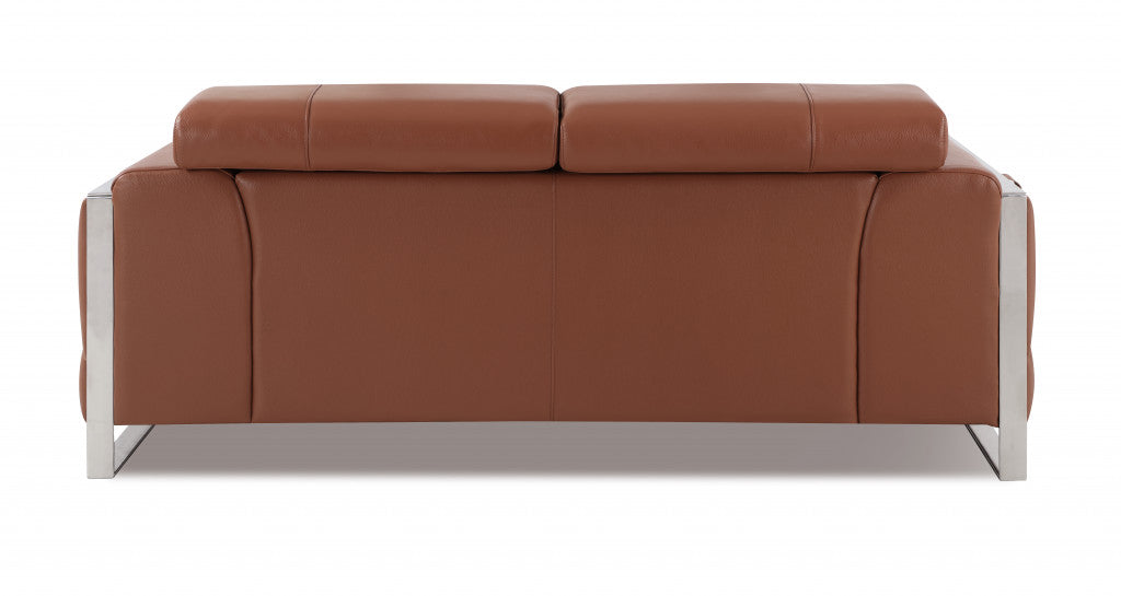 Camel Brown Italian Leather and Chrome Love Seat 75"