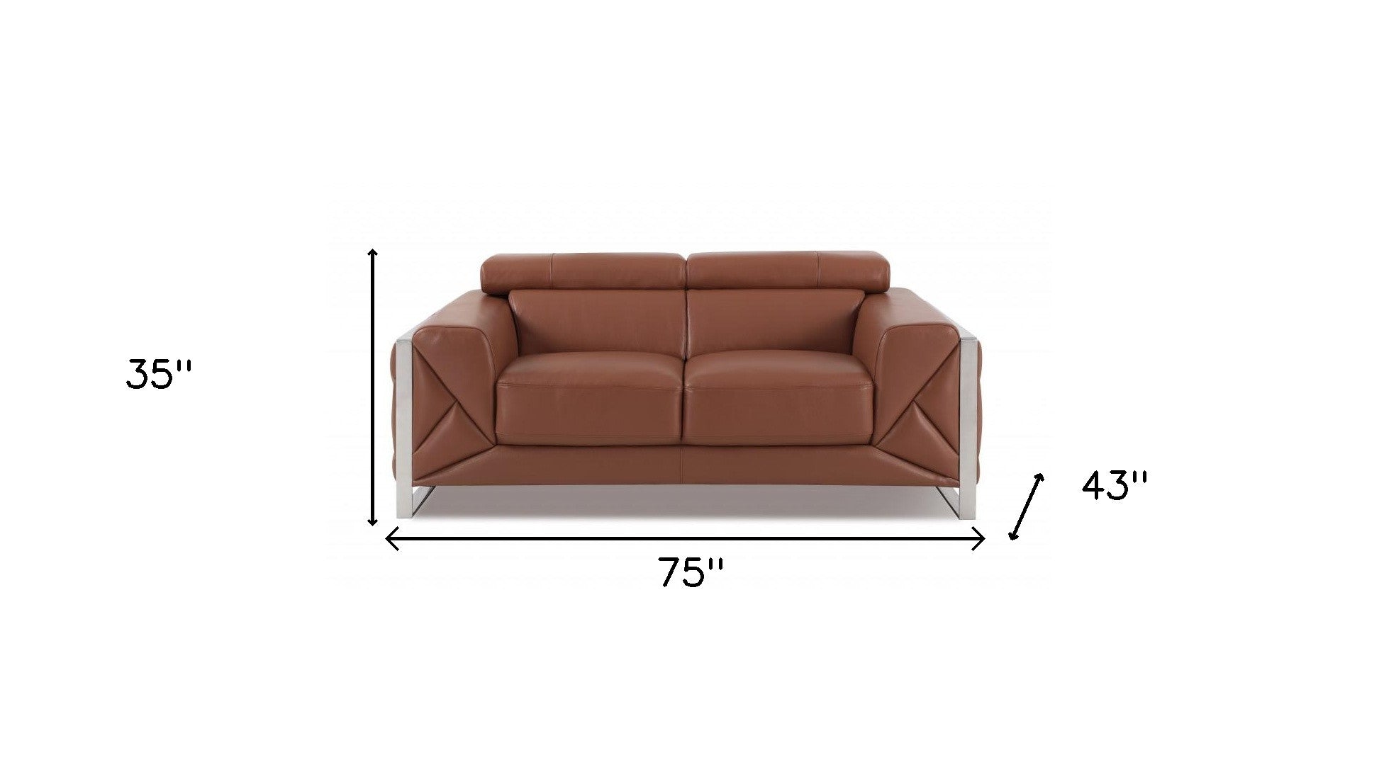 Camel Brown Italian Leather and Chrome Love Seat 75"