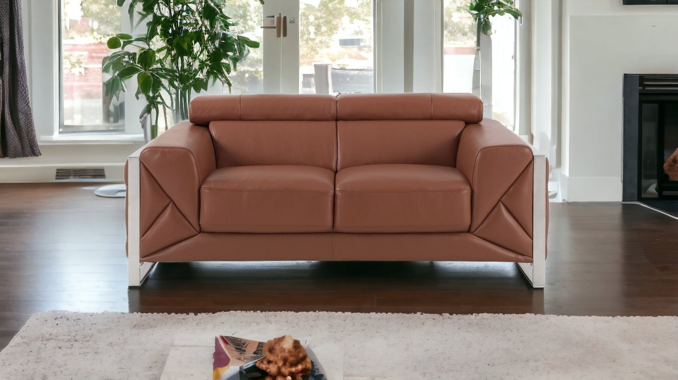 Camel Brown Italian Leather and Chrome Love Seat 75"