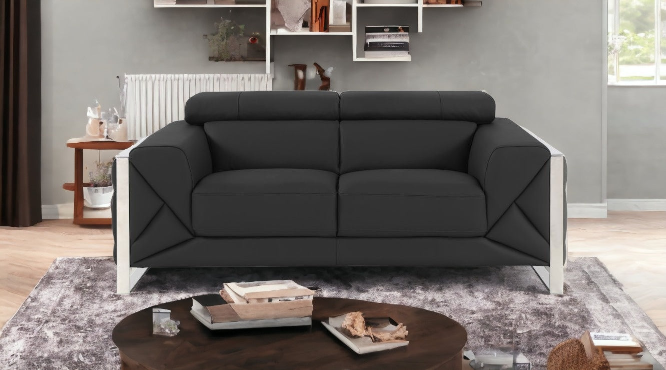 75" Dark Gray Italian Leather and Chrome Love Seat
