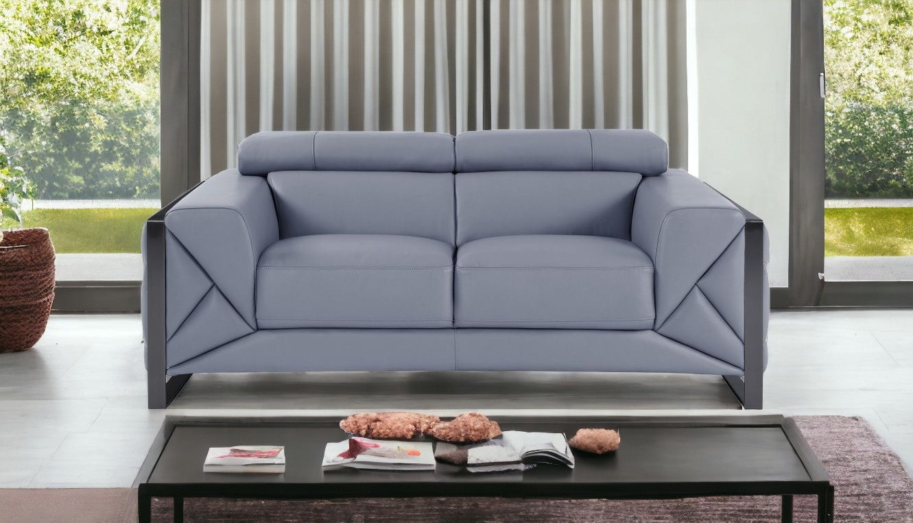 Light Blue Tufted Italian Leather Love Seat 75"