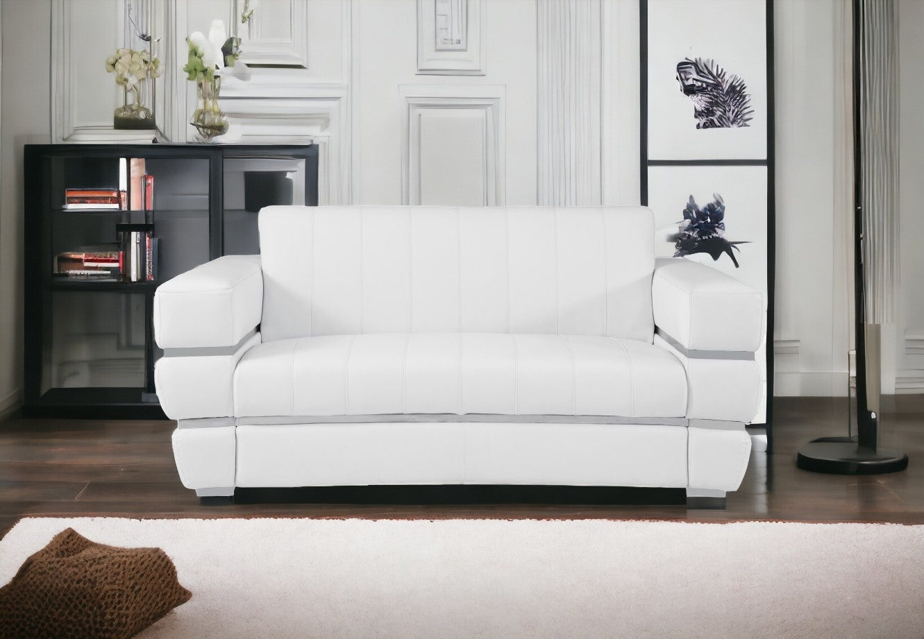 White Italian Leather Plush Density Solid Color Love Seat 75"