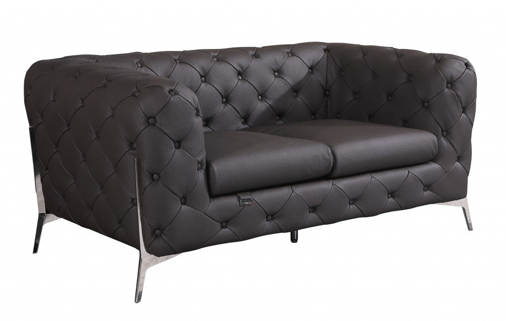 Dark Brown Tufted Italian Leather and Chrome Love Seat 69"
