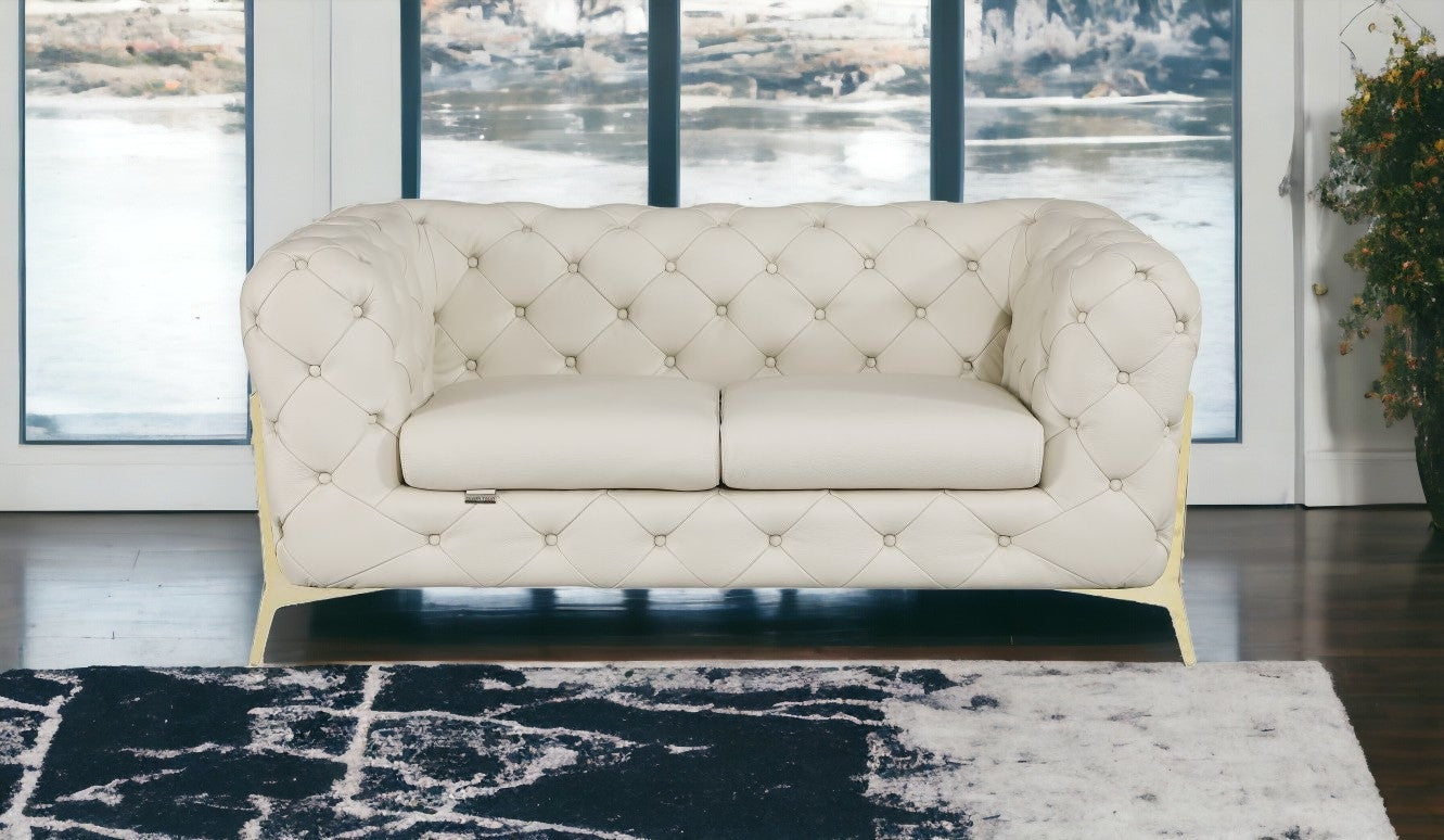 Beige All Over Tufted Italian and Gold Leather Love Seat 69"