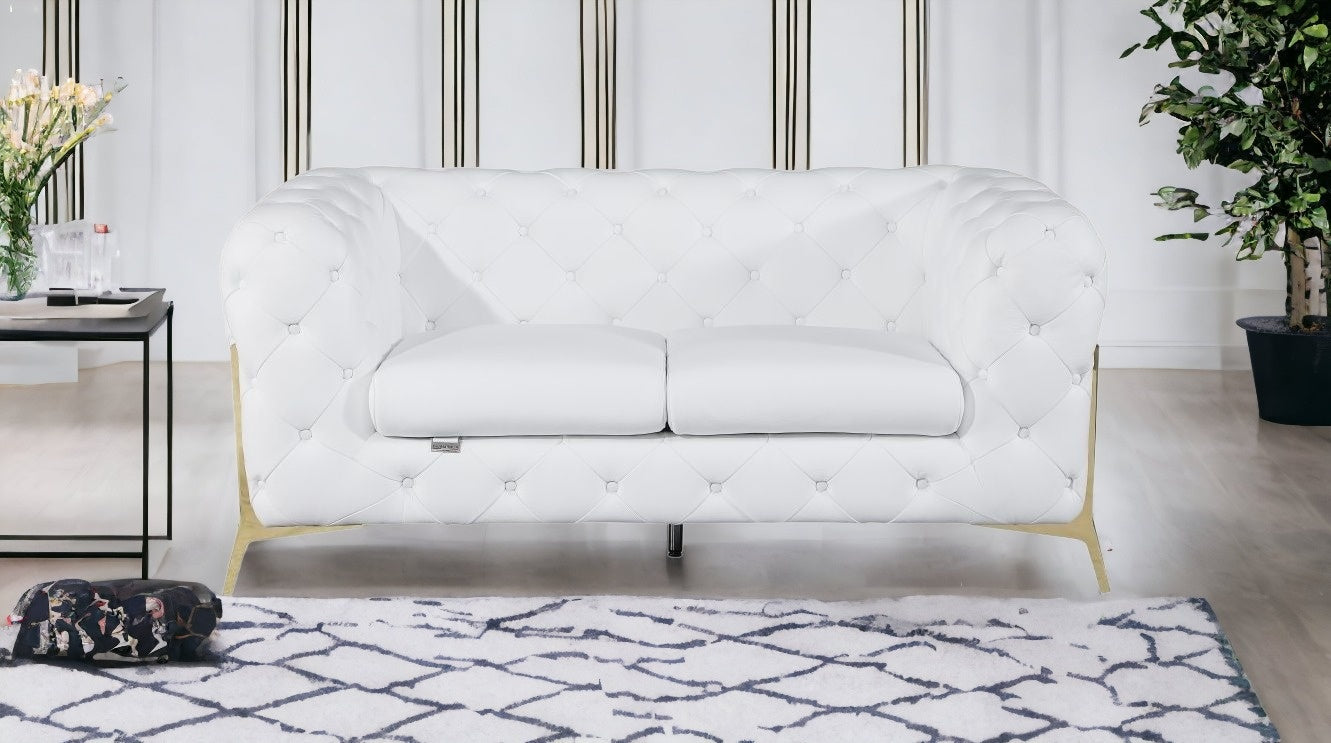 69" White All Over Tufted Italian and Gold Leather Love Seat