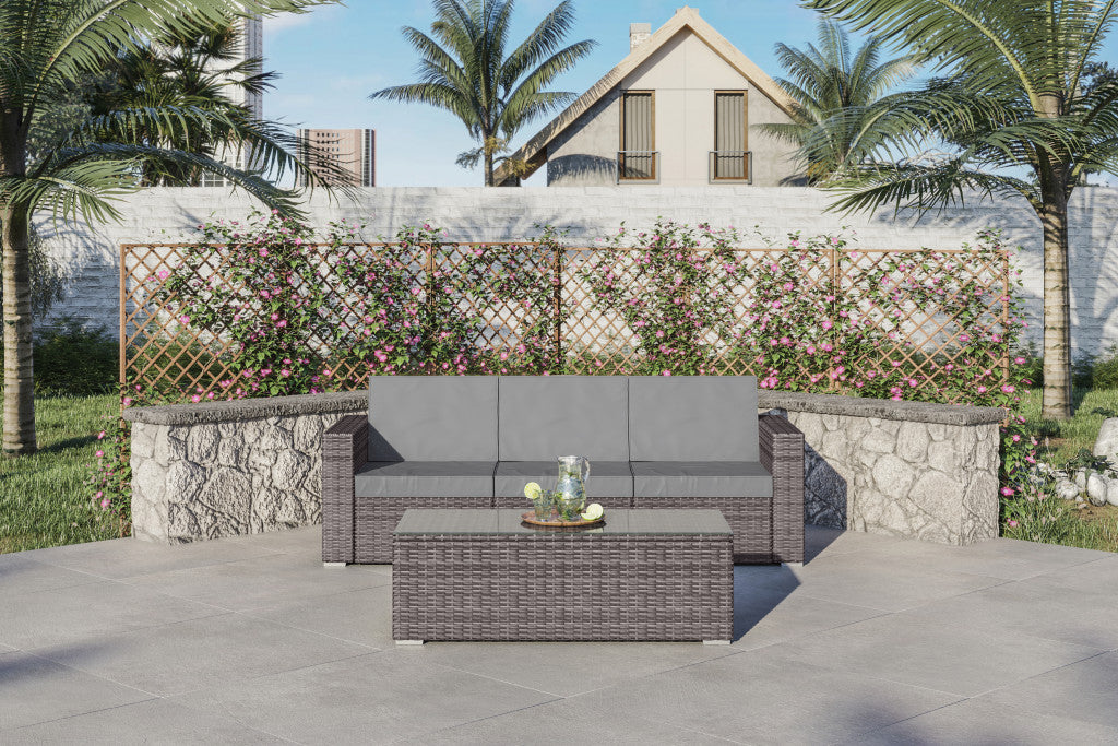 83" Gray Faux Rattan Modular Outdoor Cushioned Sofa