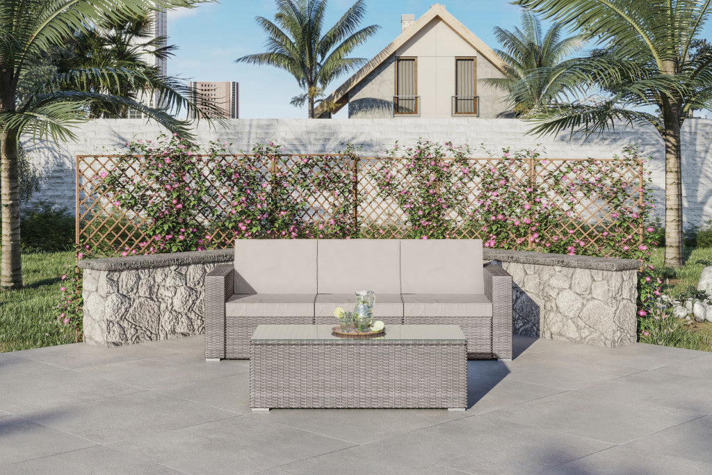 83" Beige Faux Rattan Modular Outdoor Cushioned Sofa