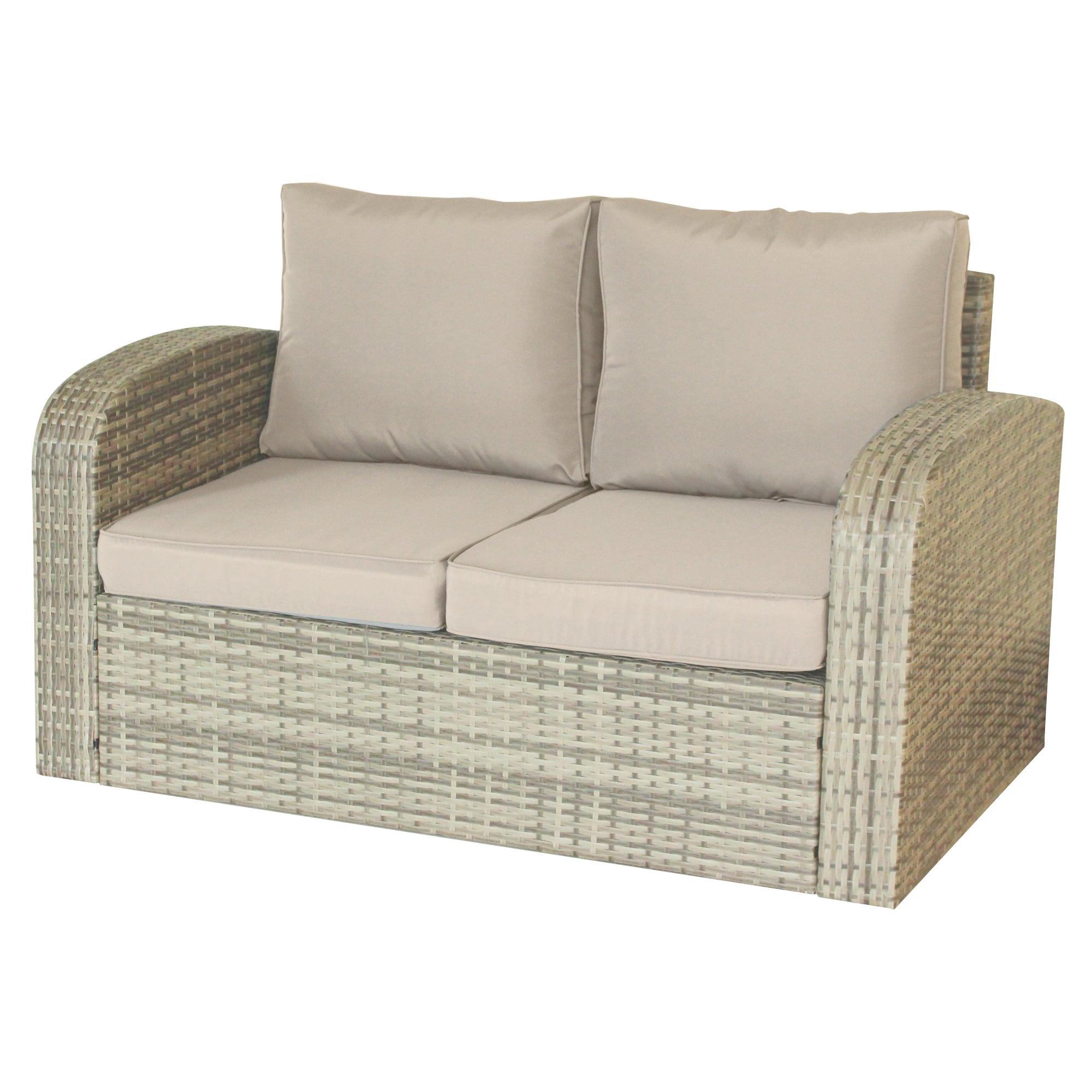 32" Beige Faux Rattan and Tan Cushion Outdoor Loveseat
