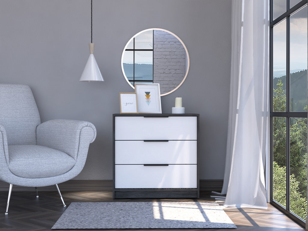 White And Smokey Oak Wood Three Drawer Standard Dresser 28"