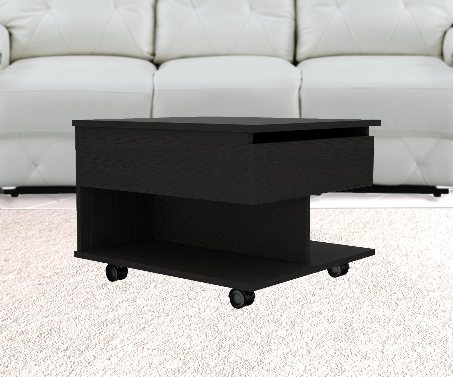 Mesa de centro rectangular de madera fabricada en negro de 22" con cajón y tapa elevable