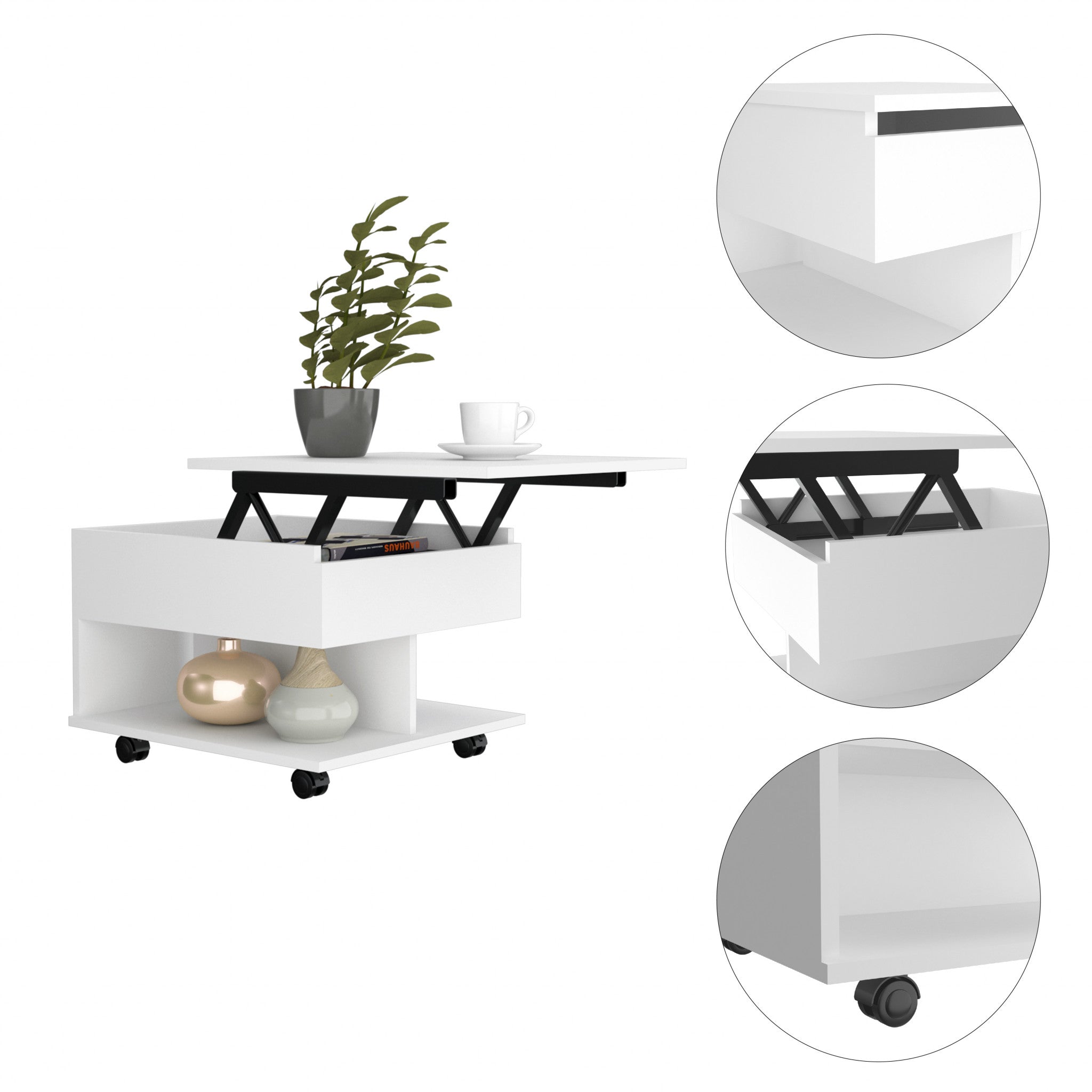 22 英寸白色木質矩形升降咖啡桌帶抽屜