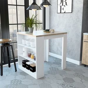 Stylish White and Pine Kitchen Counter and Dining Table Combination
