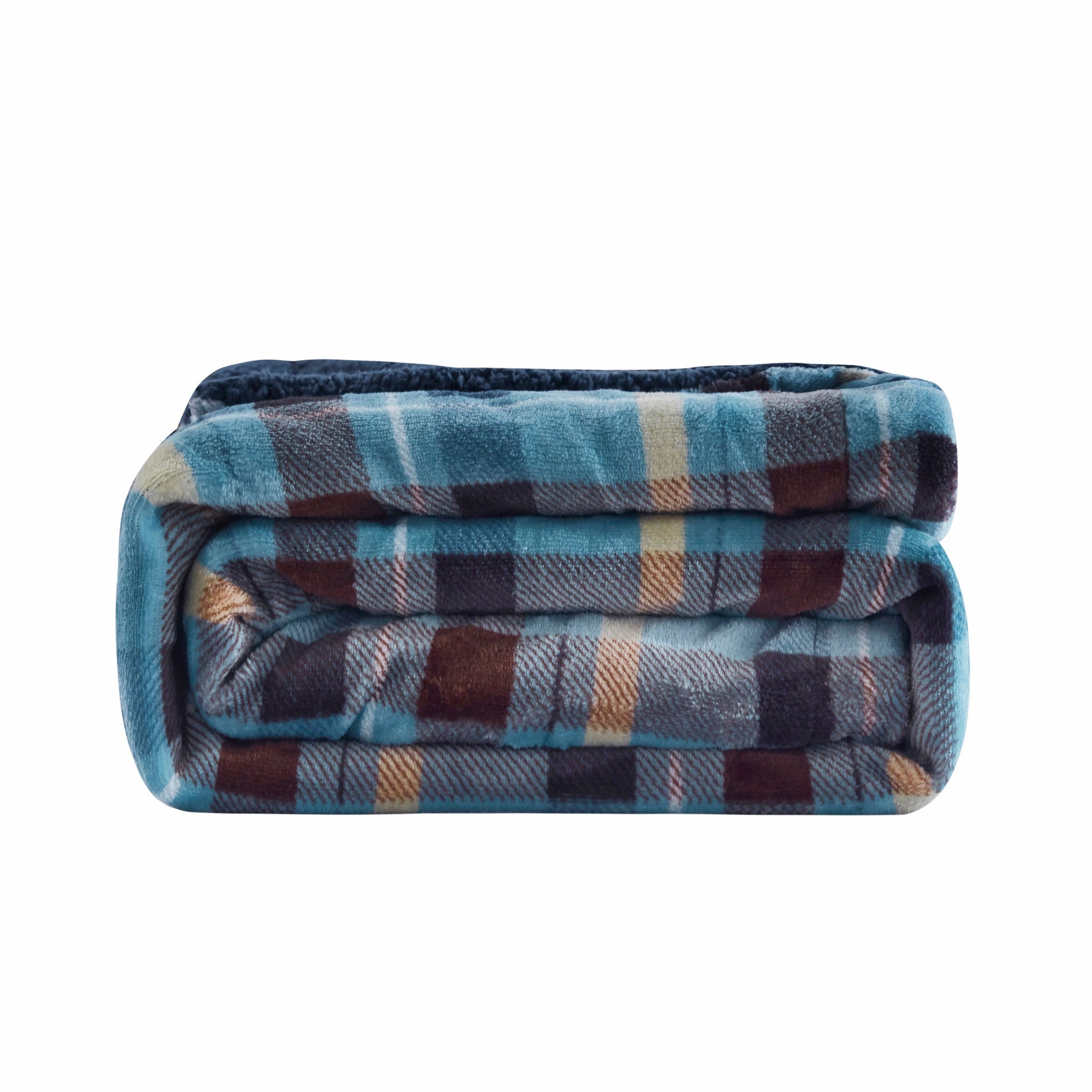 Blue Plaid Reversible Velvet and Sherpa Throw Blanket