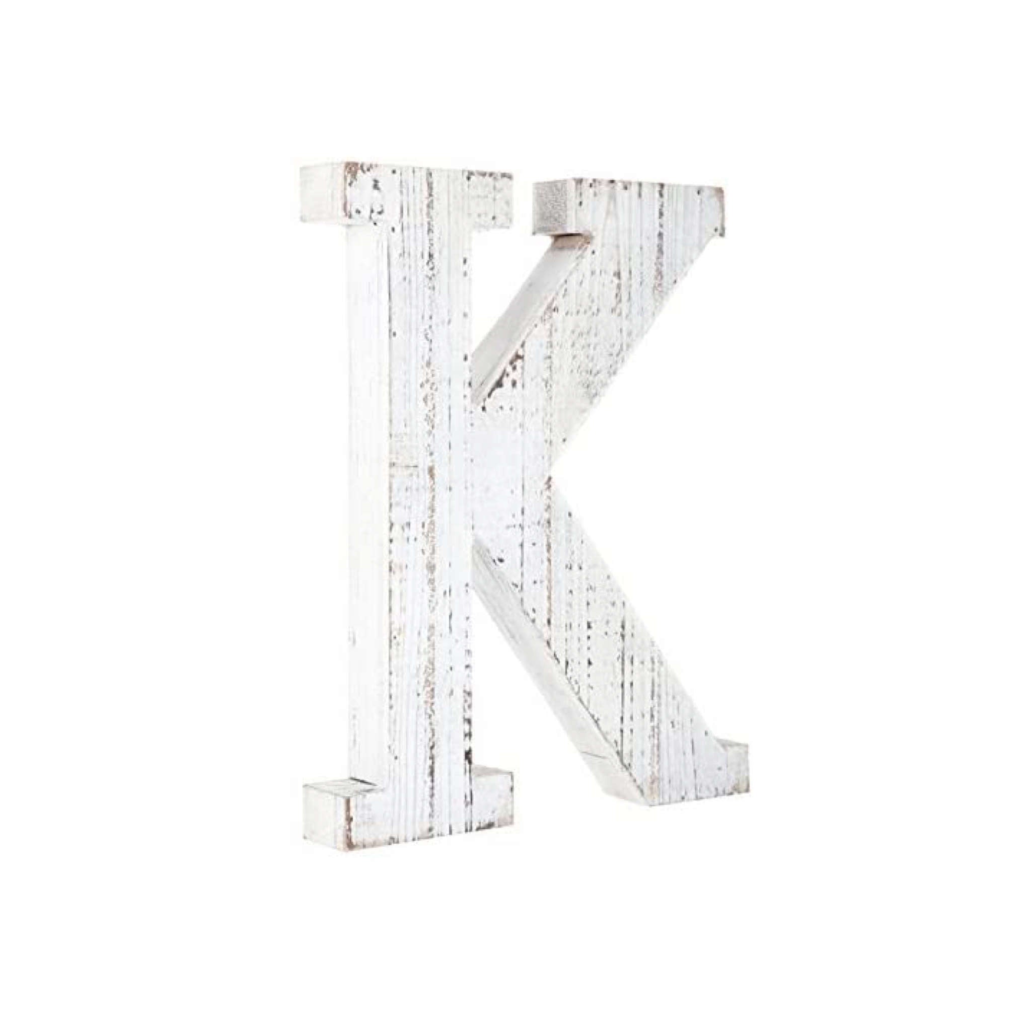 16" Distressed White Wash Wooden Initial Letter K Sculpture