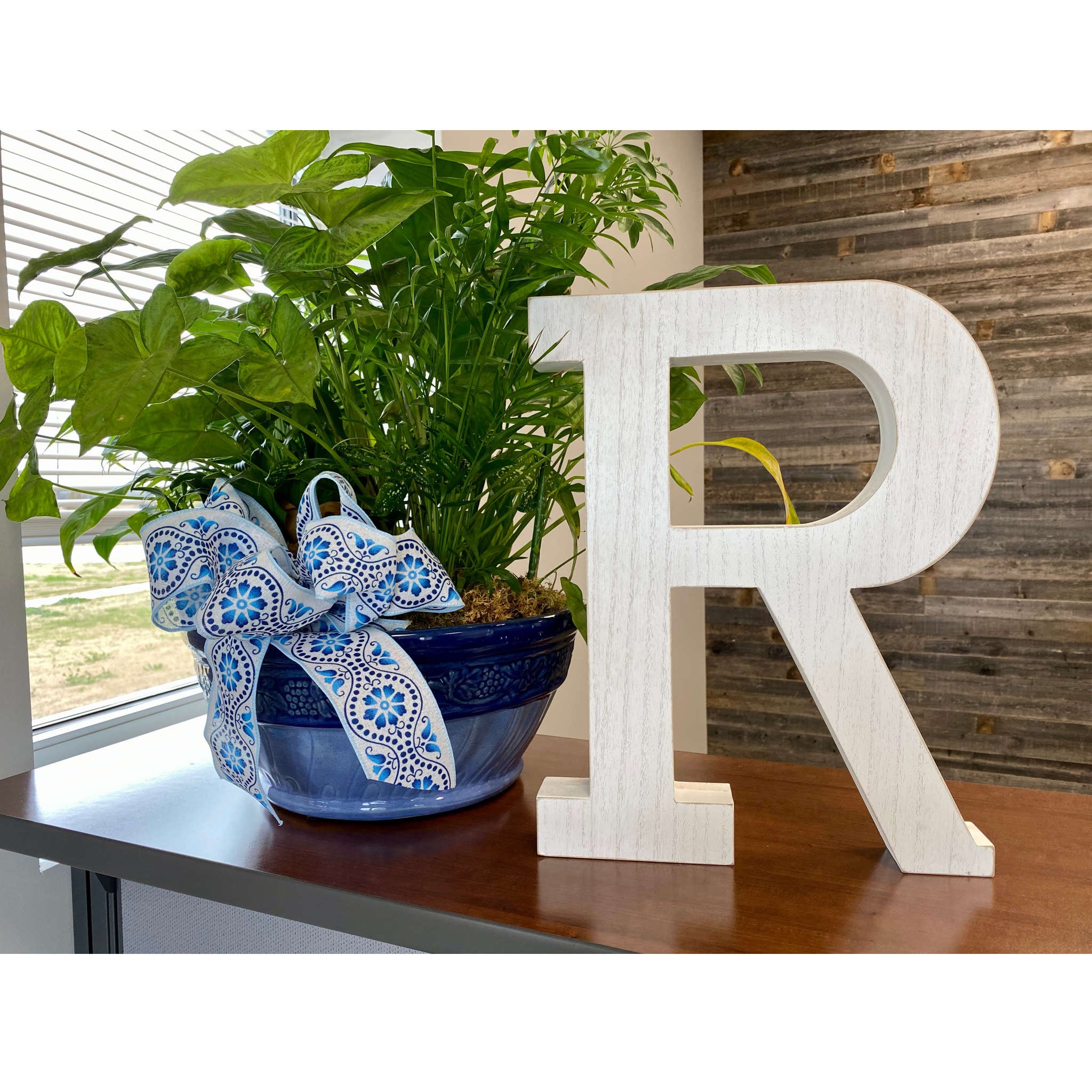 16" Distressed White Wash Wooden Initial Letter R Sculpture