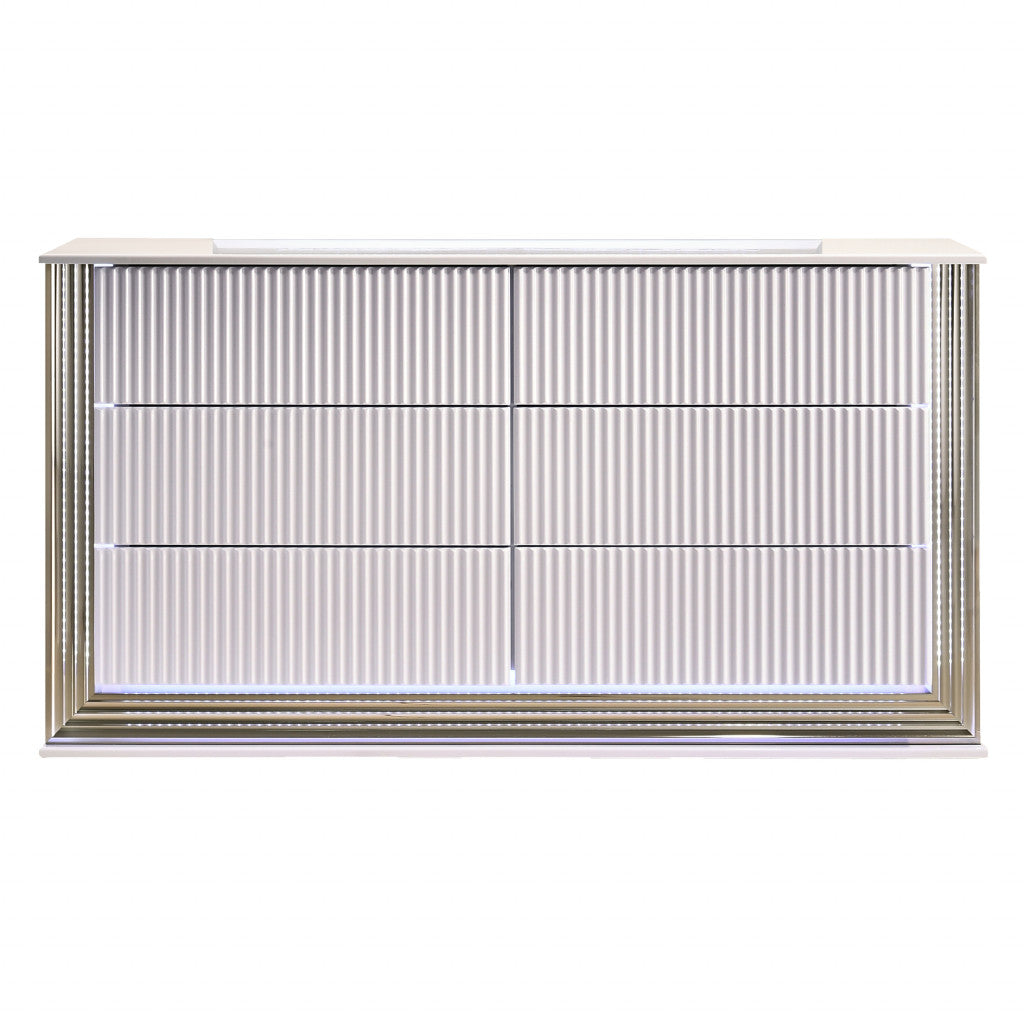 61" White Solid Wood Mirrored Six Drawer Double Dresser with LED