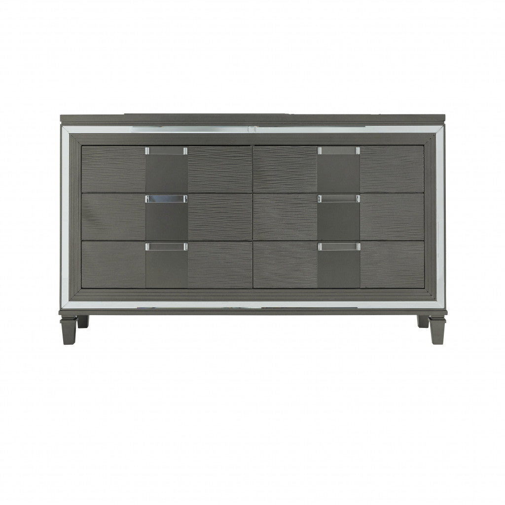 64" Metallic Grey Solid Wood Mirrored Six Drawer Double Dresser