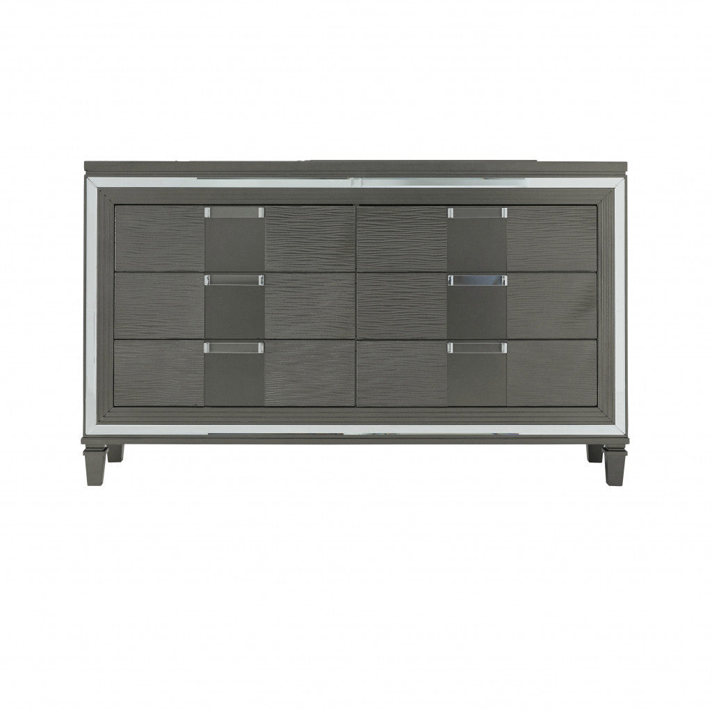 64" Metallic Grey Solid Wood Mirrored Six Drawer Double Dresser