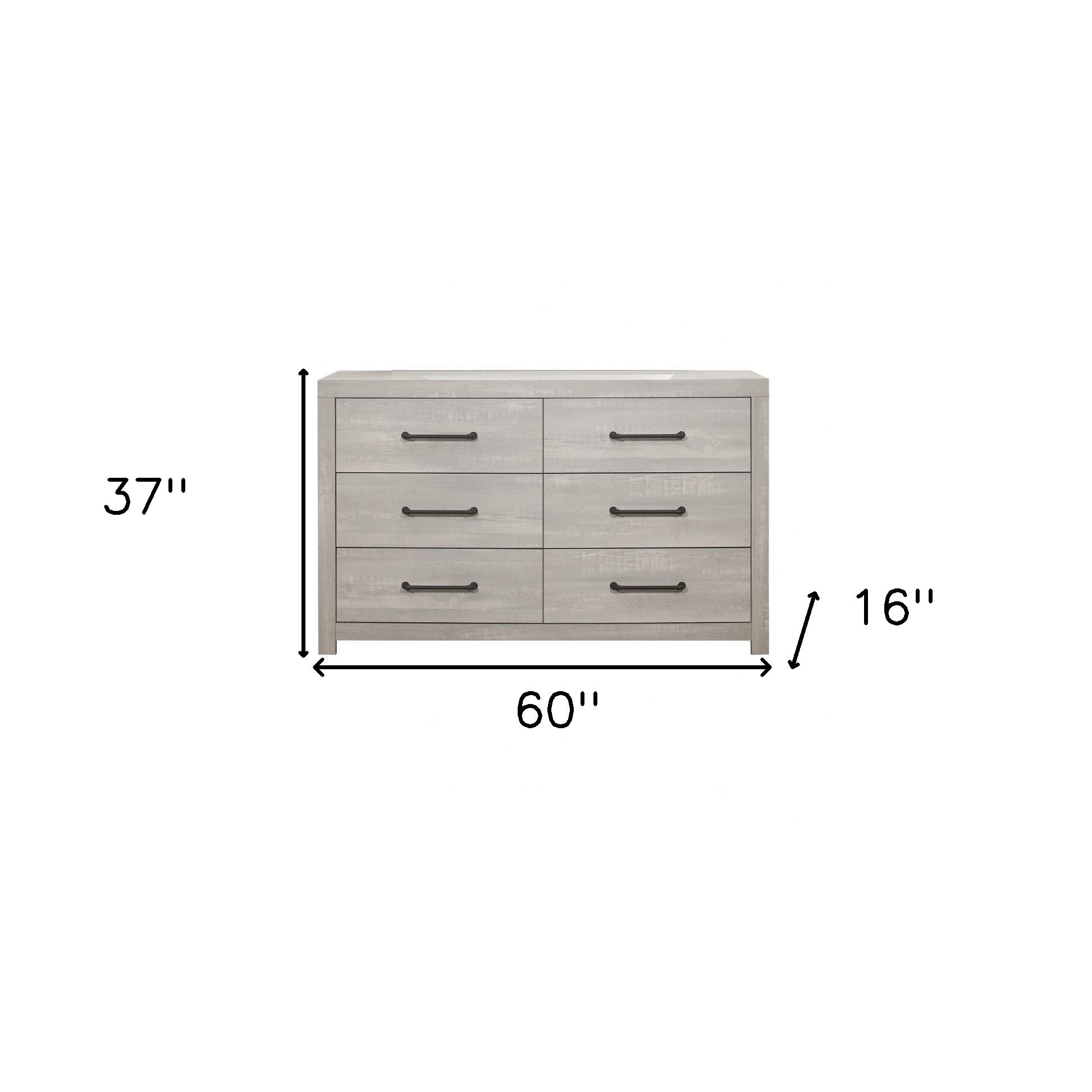 60" White Wash Solid Wood Six Drawer Double Dresser