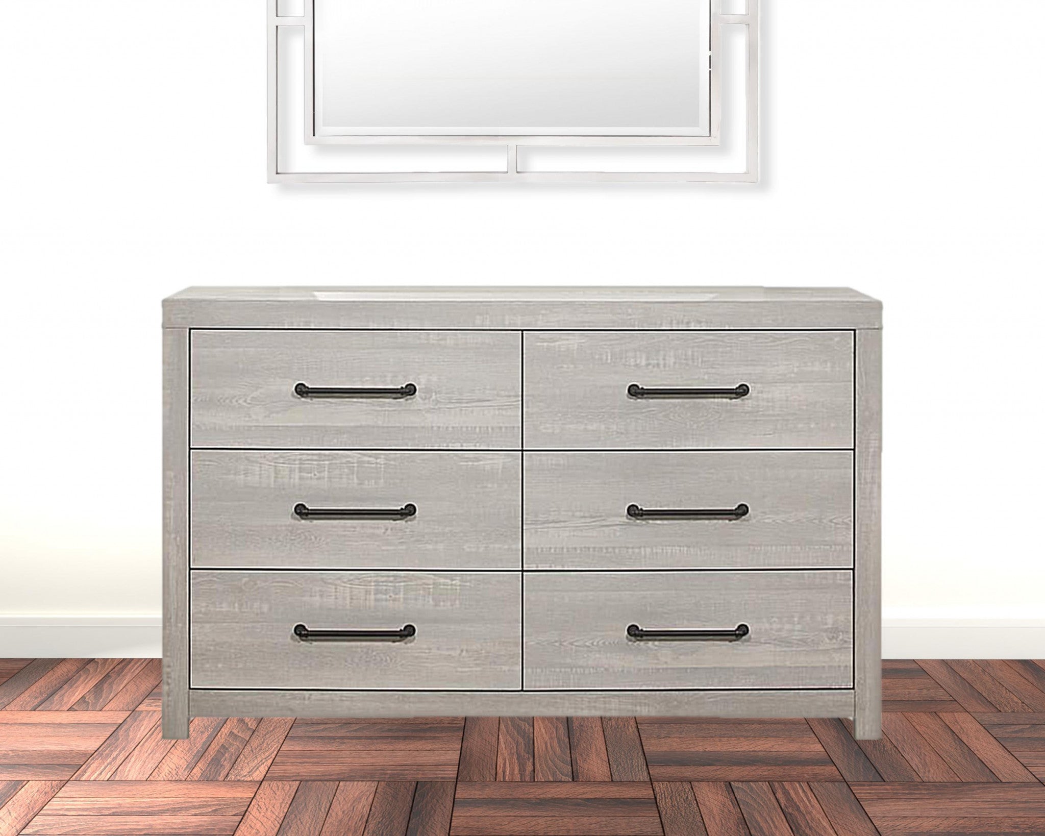 60" White Wash Solid Wood Six Drawer Double Dresser
